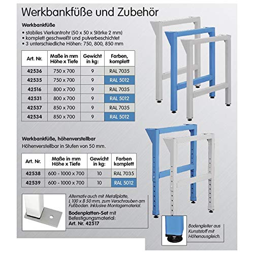 ADB Werkbankfuß höhenverstellbar, Vierkantrohr 50x50x2 mm, pulverbeschichtet, für Werkbänke mit Tiefe 700 mm, inkl. Montagematerial und Bodengleiter