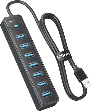 iDsonix 7-Port USB 3.0 Hub - USB Verteiler Multiport Adapter mit 100CM Kable, USB 3.0 5Gbps Data, 5V 3A Type-c Port, USB Hub Splitter für PC, Laptop, MacBook und mehr