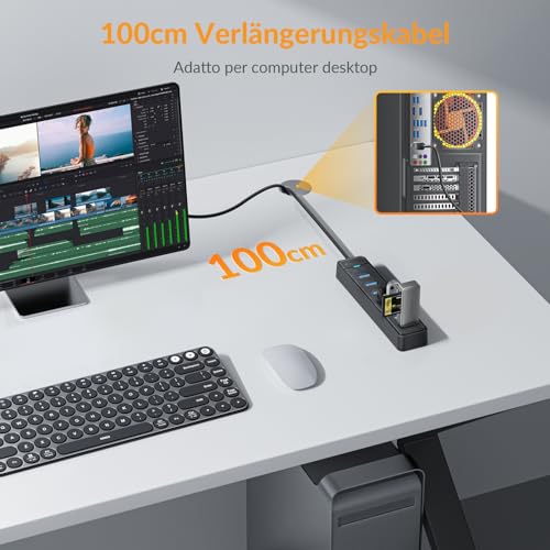 iDsonix 7-Port USB 3.0 Hub - USB Verteiler Multiport Adapter mit 100CM Kable, USB 3.0 5Gbps Data, 5V 3A Type-c Port, USB Hub Splitter für PC, Laptop, MacBook und mehr