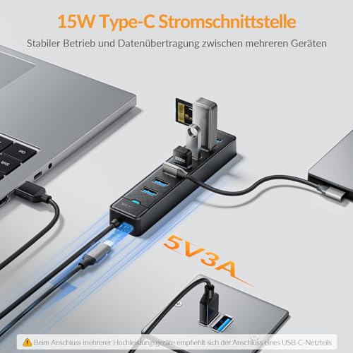 iDsonix 7-Port USB 3.0 Hub - USB Verteiler Multiport Adapter mit 100CM Kable, USB 3.0 5Gbps Data, 5V 3A Type-c Port, USB Hub Splitter für PC, Laptop, MacBook und mehr