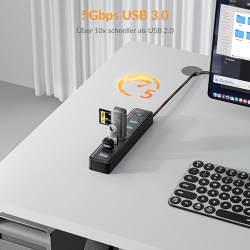 iDsonix 7-Port USB 3.0 Hub - USB Verteiler Multiport Adapter mit 100CM Kable, USB 3.0 5Gbps Data, 5V 3A Type-c Port, USB Hub Splitter für PC, Laptop, MacBook und mehr