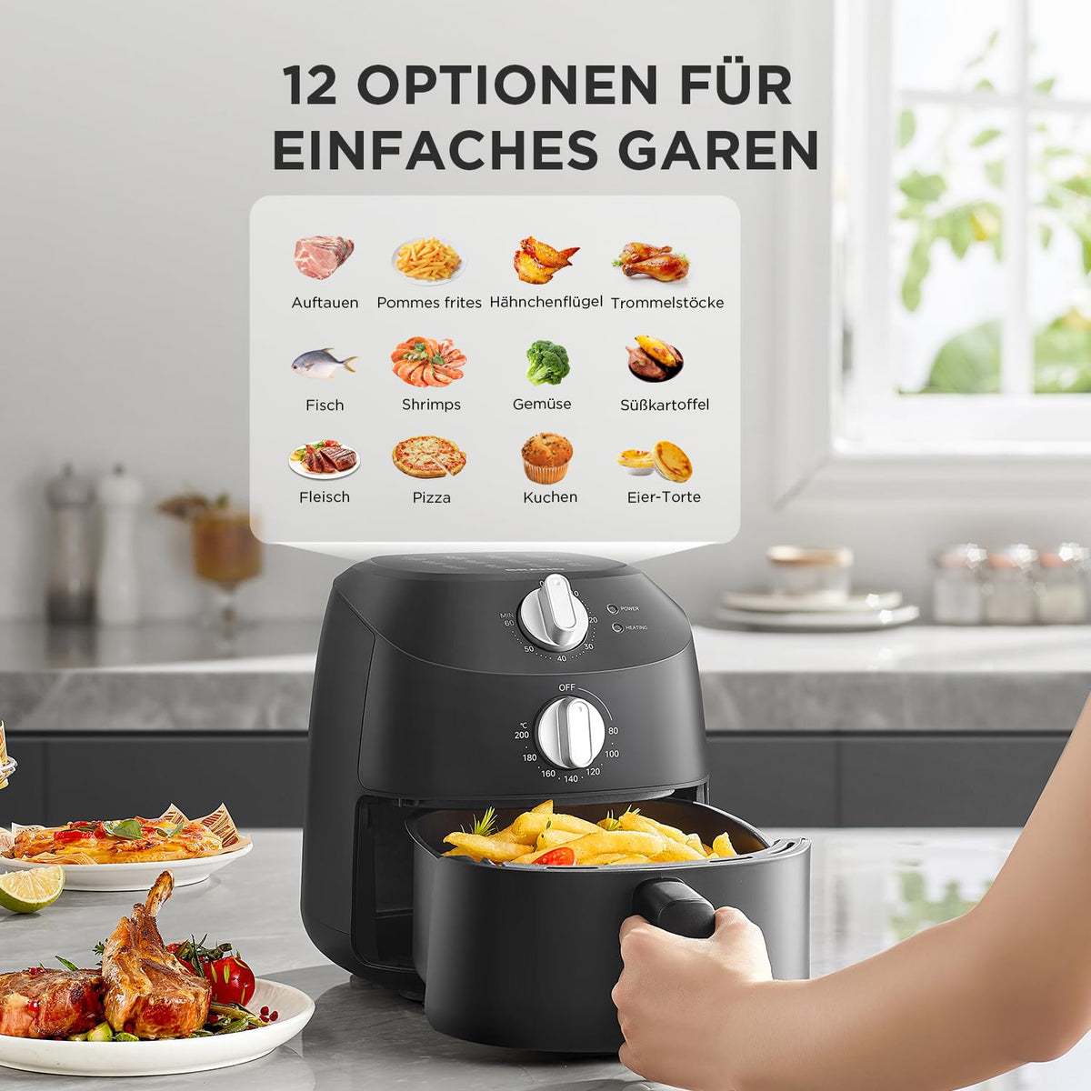 Midea Heißluftfritteuse 2L, 1150W Airfryer, Heißluft Fritteusen, Schwarz