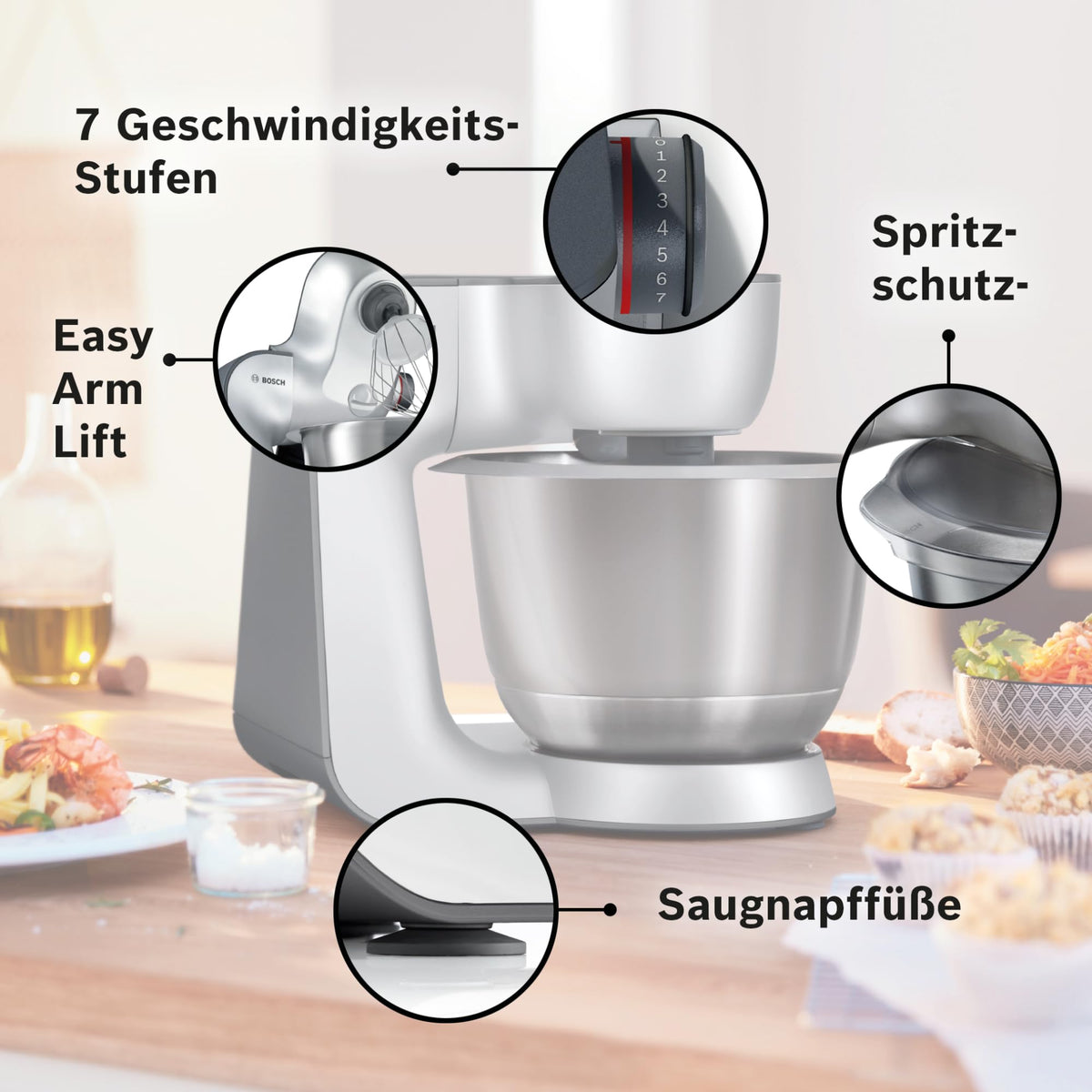 Bosch Küchenmaschine Serie 4, Schüssel 3,9 L spülmaschinenfest, Mixer 1,25 L, Fleischwolf, Zitruspresse, Knethaken, Rührbesen, Durchlaufschnitzler, 3 Scheiben, 900 W, Anthrazit/Silber, MUM56340