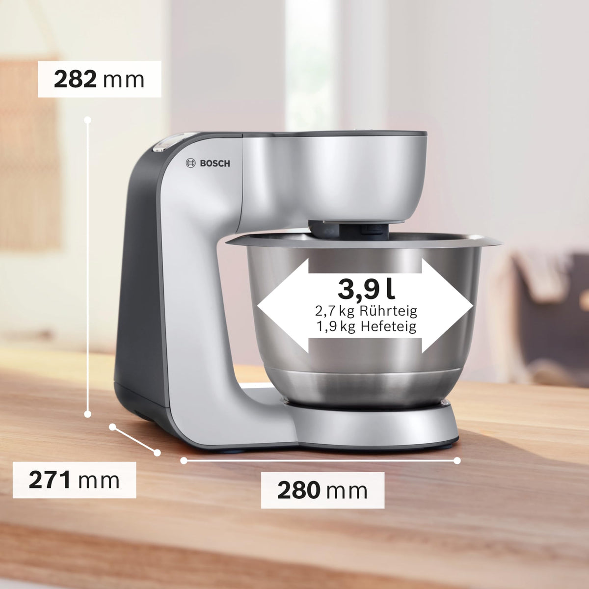 Bosch Küchenmaschine Serie 4, Schüssel 3,9 L spülmaschinenfest, Mixer 1,25 L, Fleischwolf, Zitruspresse, Knethaken, Rührbesen, Durchlaufschnitzler, 3 Scheiben, 900 W, Anthrazit/Silber, MUM56340
