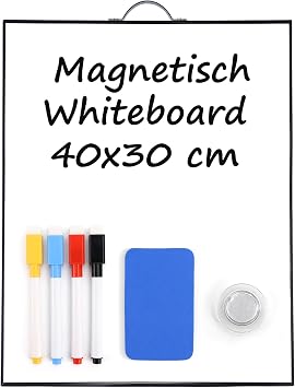 Whiteboard Magnetisch Magnettafeln Weiß 40 x 30 cm Magnet Wandtafel, mit 4 Whiteboard Stifte, 1 Magnete and 1 White Board Radiergummi, für Schule, Haus und Büro