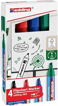 edding 383 Flipchart-Marker - 4er-Set - schwarz, rot, blau, grün - Keilspitze 1-5 mm - Stift zum Schreiben, Zeichnen und Markieren auf Flipcharts - Tinte schlägt nicht durch Papier -trocknet nicht aus