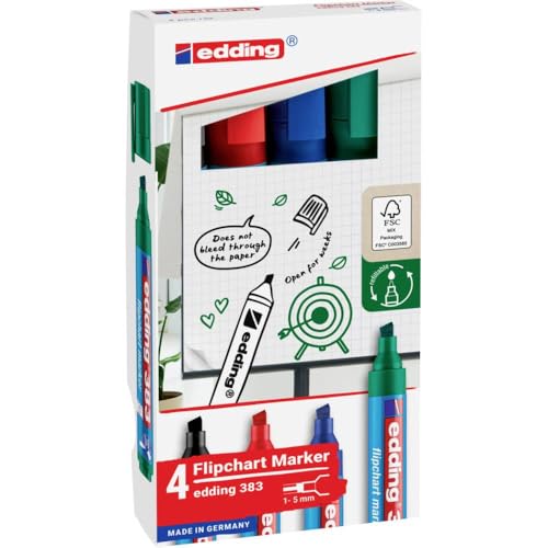 edding 383 Flipchart-Marker - 4er-Set - schwarz, rot, blau, grün - Keilspitze 1-5 mm - Stift zum Schreiben, Zeichnen und Markieren auf Flipcharts - Tinte schlägt nicht durch Papier -trocknet nicht aus