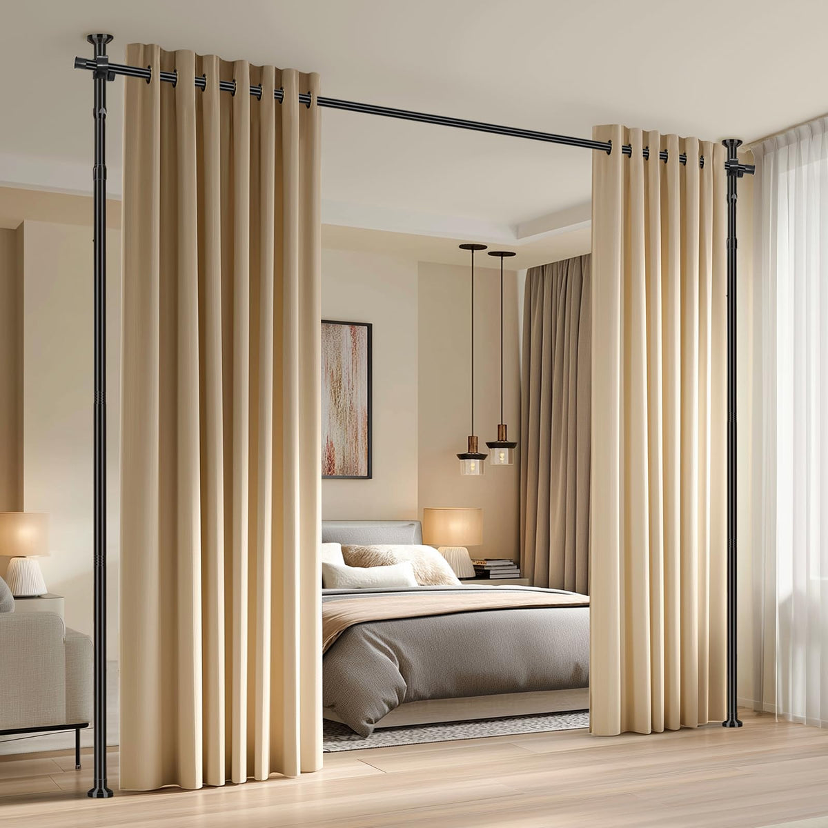 JILRON Trennwand Raumteiler Spannsystem ohne Bohren, Verstellbarer Vorhangstange ohne Bohren (H110-300×B89-254cm) Für Mietwohnung, Homeoffice, Balkon, Schwarz