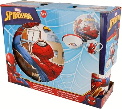 STOR Kinder Geschirrset Spider-Man - Keramik Teller, Schüssel und Tasse - Komplettes Essgeschirr in Geschenkbox für Kinder