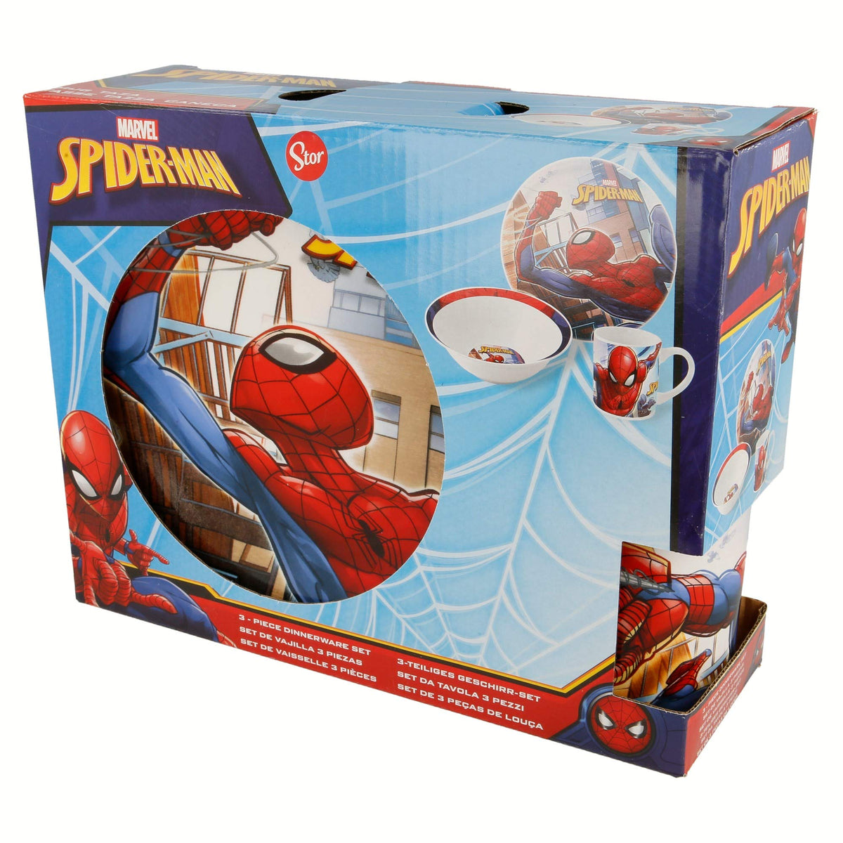 STOR Kinder Geschirrset Spider-Man - Keramik Teller, Schüssel und Tasse - Komplettes Essgeschirr in Geschenkbox für Kinder