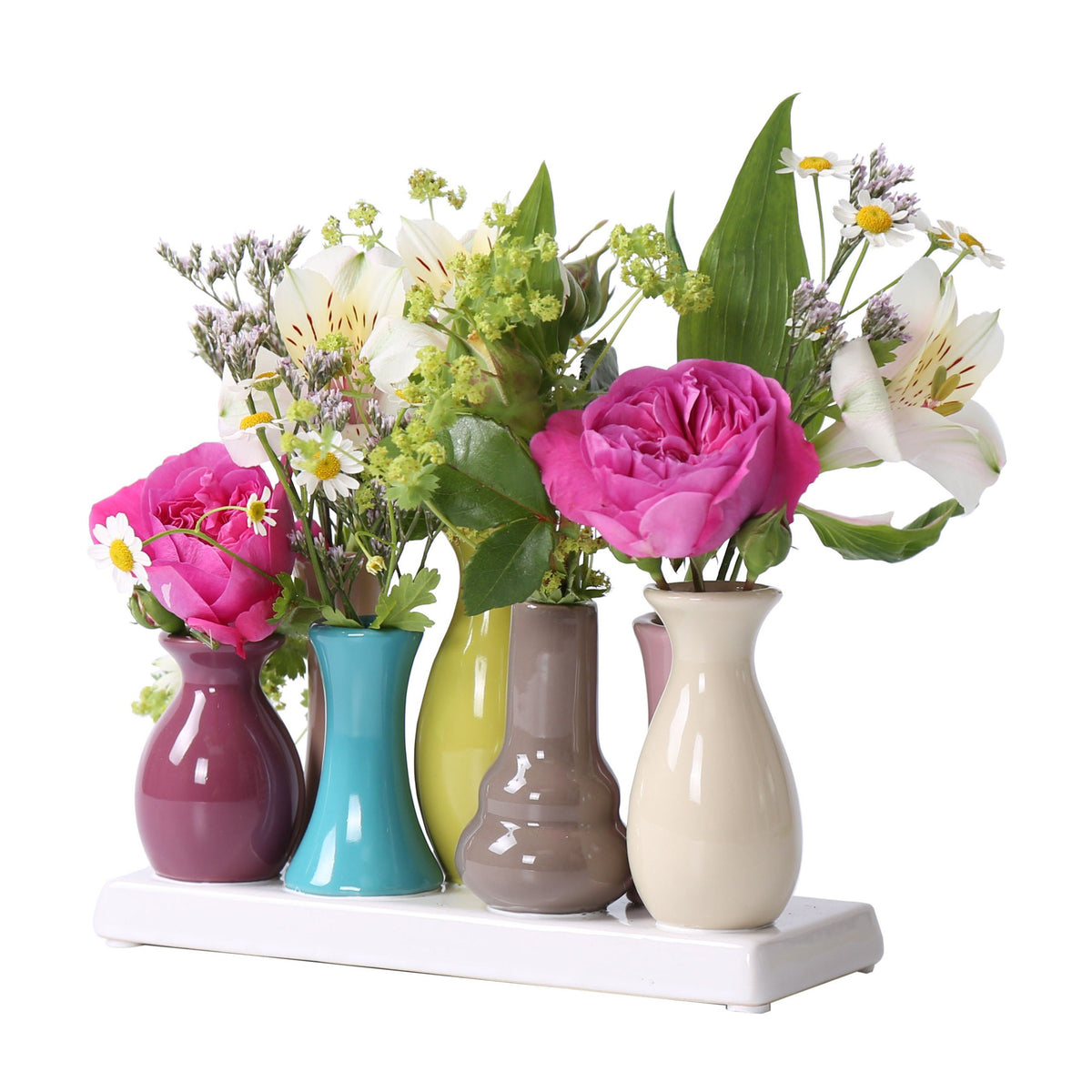 Mini Blumenvasen Set 7er aus Keramik auf Sockel – Kleine Keramikvasen bunt für einzelne Blumen – Modernes Deko Vasenset für Tischdeko, Wohnzimmer, Fensterbank & Esstisch