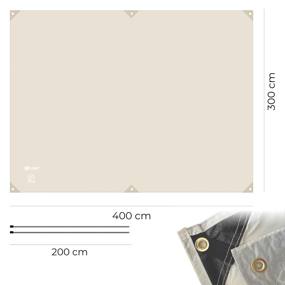 EXPLORER® Sonnensegel 3x4m rechteckig wasserabweisend mit Stangen, Leinen und Heringen Sonnenschutz UPF80+ UV Schutz nach Standard 801 in beige für Balkon Garten Terrasse