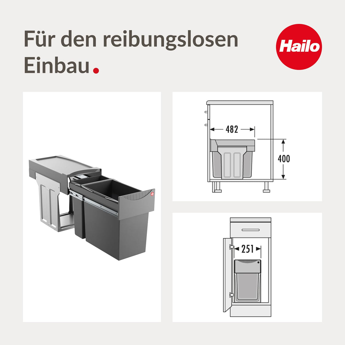 Hailo Abfallsammler Tandem 3666111 Einbau-Mülltrenner mit 2 Fächern - Küchen-Mülleimer zum Einbauen im Unterschrank - 24 + 7 L - Abfalleimer mit Vollauszug für Drehtür-Schränke ab 30 cm - Dunkelgrau