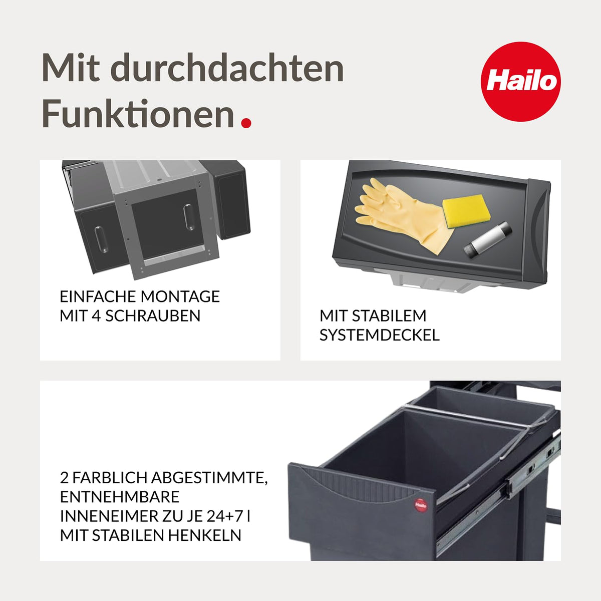Hailo Abfallsammler Tandem 3666111 Einbau-Mülltrenner mit 2 Fächern - Küchen-Mülleimer zum Einbauen im Unterschrank - 24 + 7 L - Abfalleimer mit Vollauszug für Drehtür-Schränke ab 30 cm - Dunkelgrau