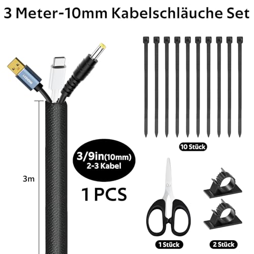 Kabelschläuche 3 Meter-10mm, Versteckten Kabelschutz, Schwarz