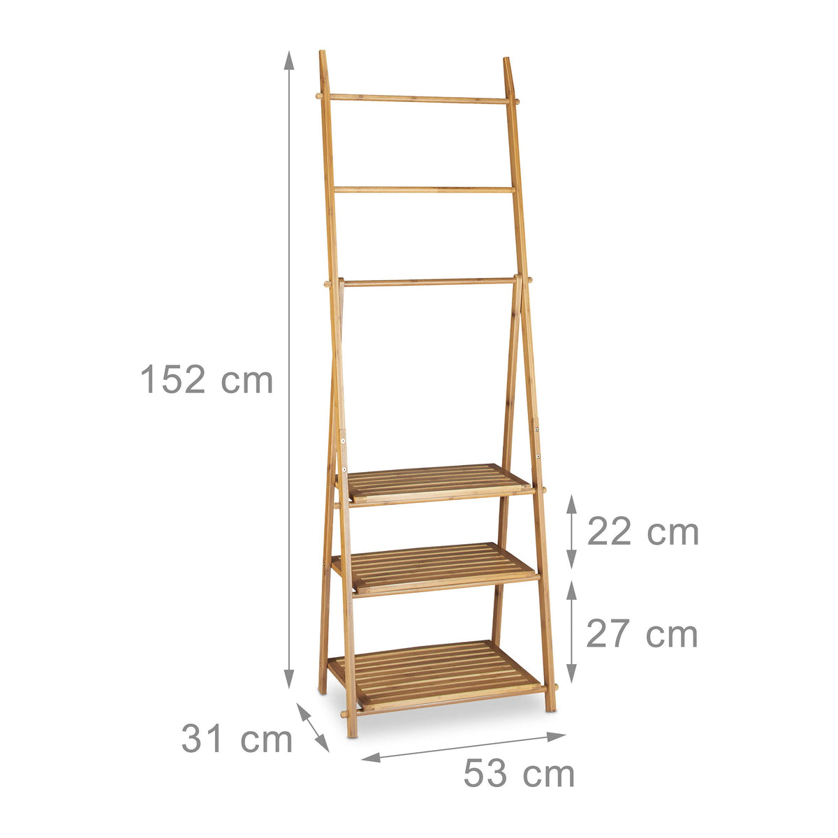 Relaxdays Handtuchhalter Bambus, Holz-Kleiderständer faltbar, 3 Ablagen, 3 Stangen, 4 Haken, HBT: 152 x 53 x 31cm, Natur