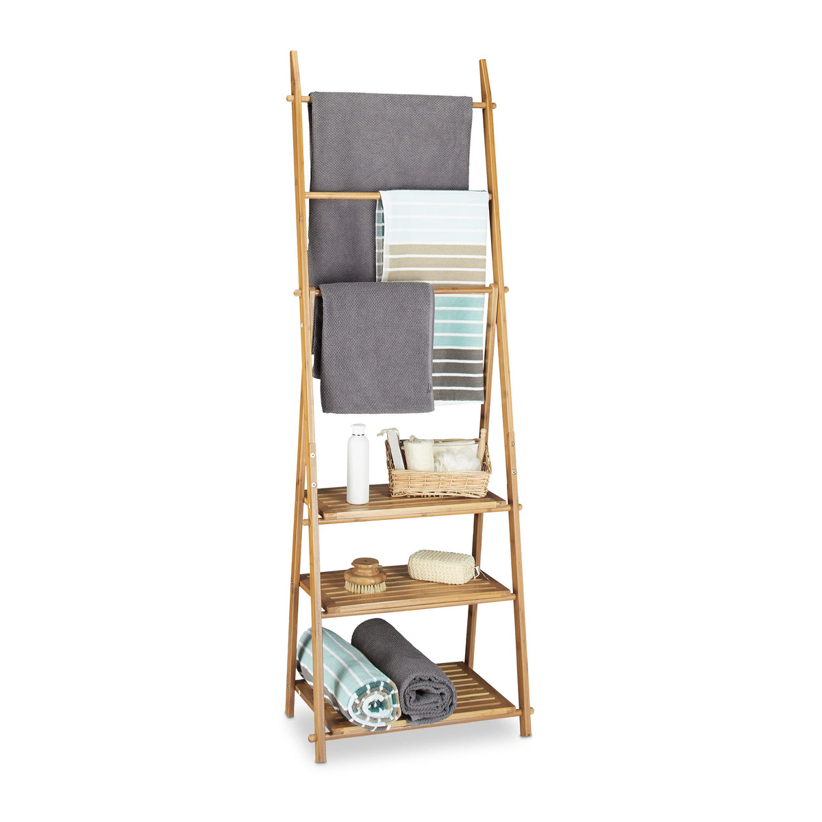 Relaxdays Handtuchhalter Bambus, Holz-Kleiderständer faltbar, 3 Ablagen, 3 Stangen, 4 Haken, HBT: 152 x 53 x 31cm, Natur