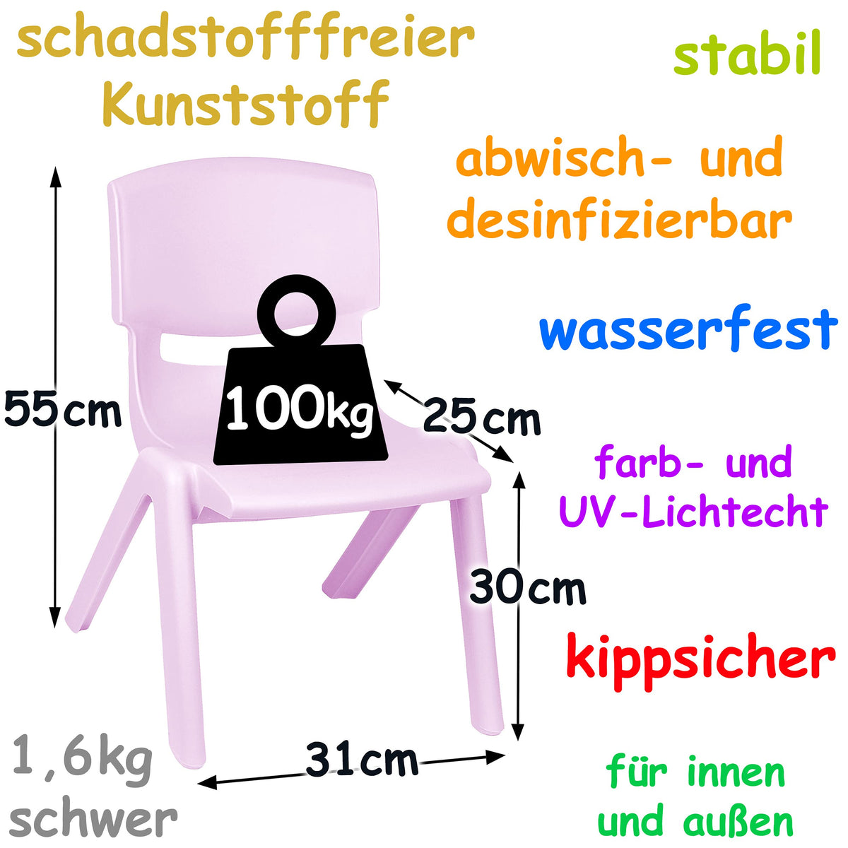 alles-meine.de GmbH 2 Stück - Kinderstühle/Stühle Farbe wählbar Flieder/helles lila - violett - Plastik - bis 100 kg belastbar/kippsicher - für INNEN & AUßEN - 0-99 J..