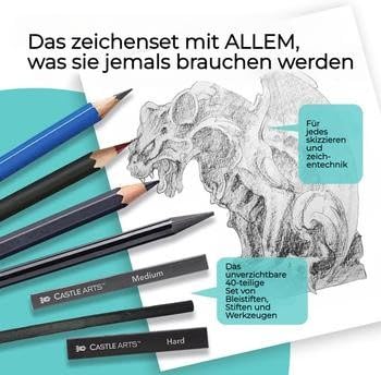 Castle Art Supplies 40-teiliges Premium-Zeichen- und Skizzier-Set mit Anleitung | Für Künstler, Profis oder Anfänger | Zeichenstifte, Kohle, Graphit und mehr | Im übersichtlichen Reißverschlussetui