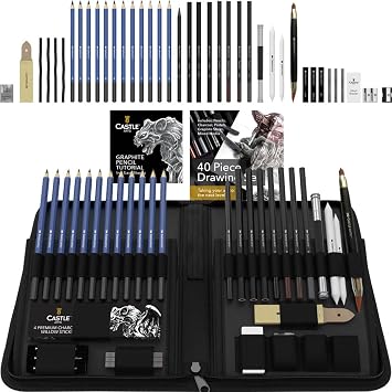 Castle Art Supplies 40-teiliges Premium-Zeichen- und Skizzier-Set mit Anleitung | Für Künstler, Profis oder Anfänger | Zeichenstifte, Kohle, Graphit und mehr | Im übersichtlichen Reißverschlussetui