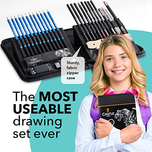 Castle Art Supplies 40-teiliges Premium-Zeichen- und Skizzier-Set mit Anleitung | Für Künstler, Profis oder Anfänger | Zeichenstifte, Kohle, Graphit und mehr | Im übersichtlichen Reißverschlussetui