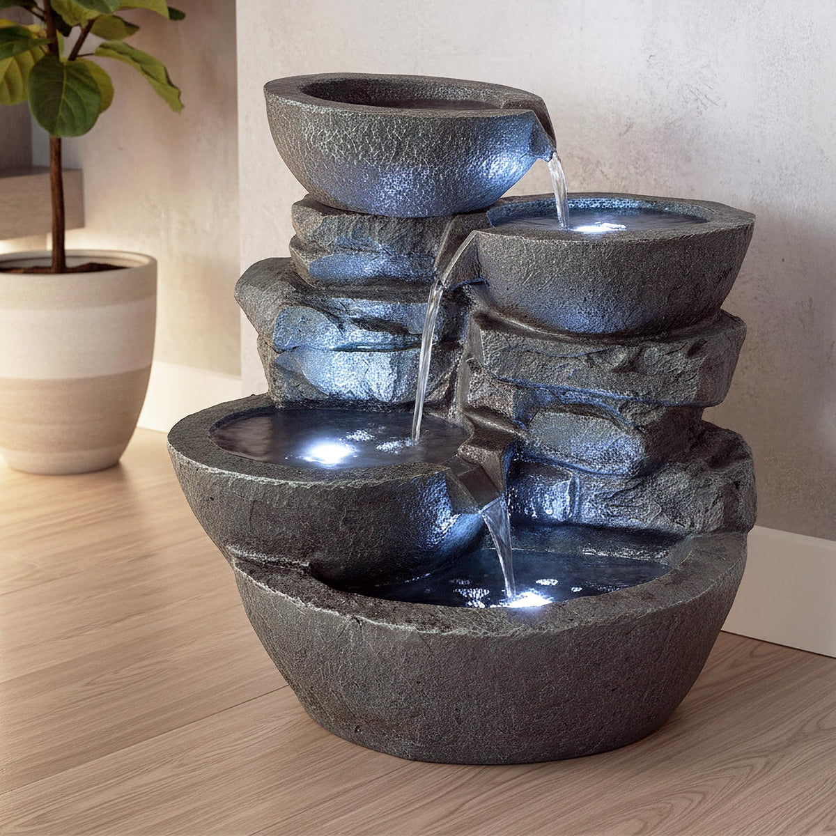Zimmerbrunnen groß mit LED Beleuchtung Gartenbrunnen Innen und Außen Springbrunnen Wasserfall Balkon Deko Grautöne/Steinimitation