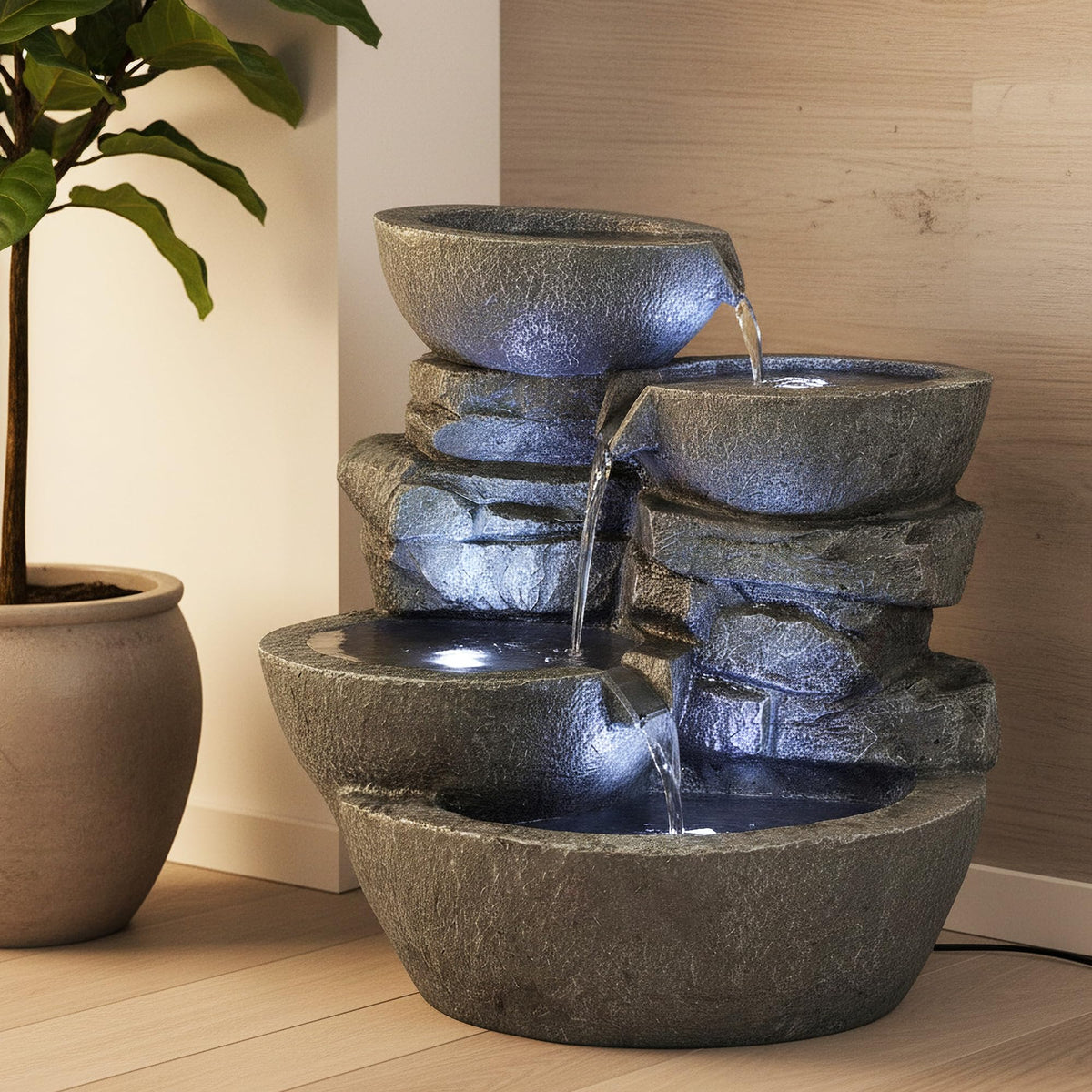 Zimmerbrunnen groß mit LED Beleuchtung Gartenbrunnen Innen und Außen Springbrunnen Wasserfall Balkon Deko Grautöne/Steinimitation