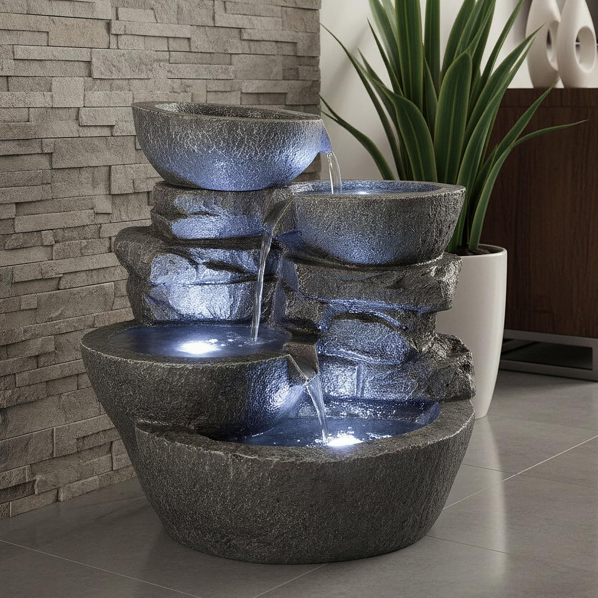 Zimmerbrunnen groß mit LED Beleuchtung Gartenbrunnen Innen und Außen Springbrunnen Wasserfall Balkon Deko Grautöne/Steinimitation