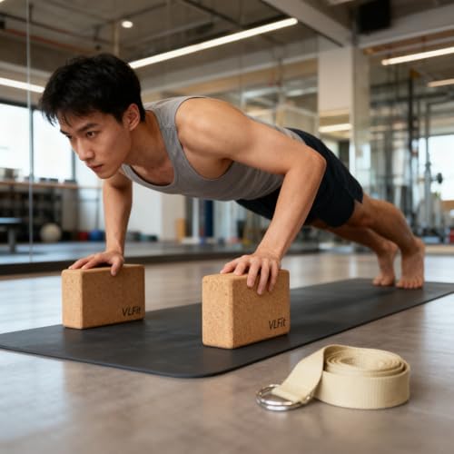 Yoga-Blöcke VLFit 2er Set | Yogablöcke aus KORK | 23 x 15 x 7,5 cm je Yogablock | mit Yogagurt aus 100% Baumwolle | ökologisch hergestellt aus Naturkork | Yogaklötze (2er Set Blöcke & Gurt)