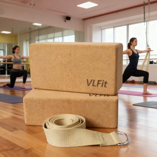 Yoga-Blöcke VLFit 2er Set | Yogablöcke aus KORK | 23 x 15 x 7,5 cm je Yogablock | mit Yogagurt aus 100% Baumwolle | ökologisch hergestellt aus Naturkork | Yogaklötze (2er Set Blöcke & Gurt)