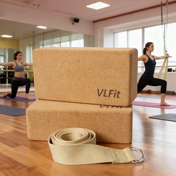 Yoga-Blöcke VLFit 2er Set | Yogablöcke aus KORK | 23 x 15 x 7,5 cm je Yogablock | mit Yogagurt aus 100% Baumwolle | ökologisch hergestellt aus Naturkork | Yogaklötze (2er Set Blöcke & Gurt)