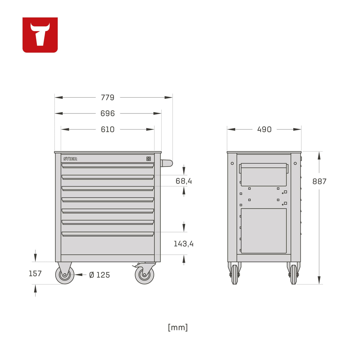STIER Werkstattwagen, unbestückt - leer, Werkzeugwagen, Montagewagen, mit kugelgelagerten Schubladenschienen, 7 Schubladen, Traglast je Schublade 35kg, Max. Belastung 300kg, Vollgummibereifung