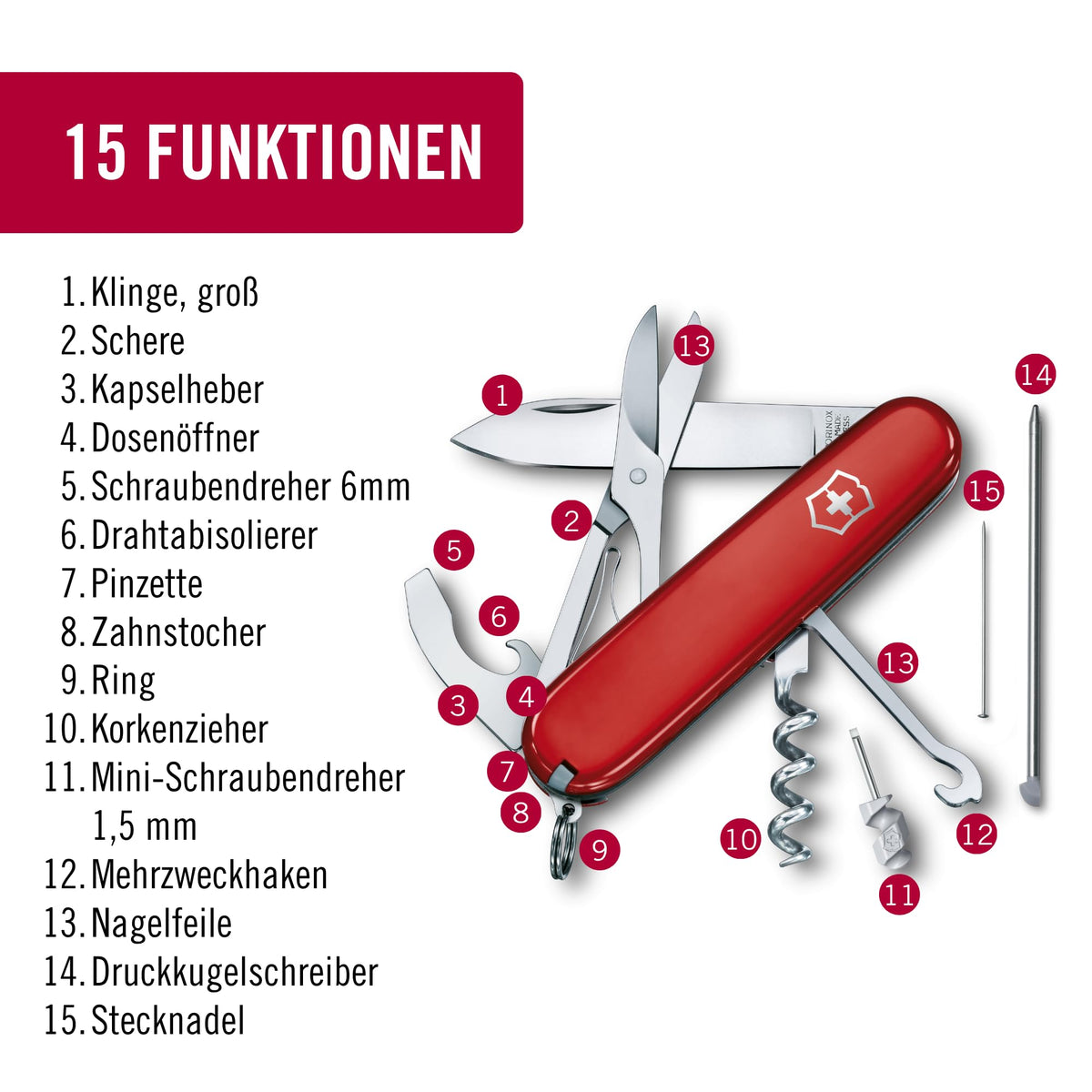 Victorinox Schweizer Taschenmesser Compact, 15 Funktionen, Swiss Made, Multitool Inkl. Klinge, Mini-Schraubendreher, Kapselheber, Rot