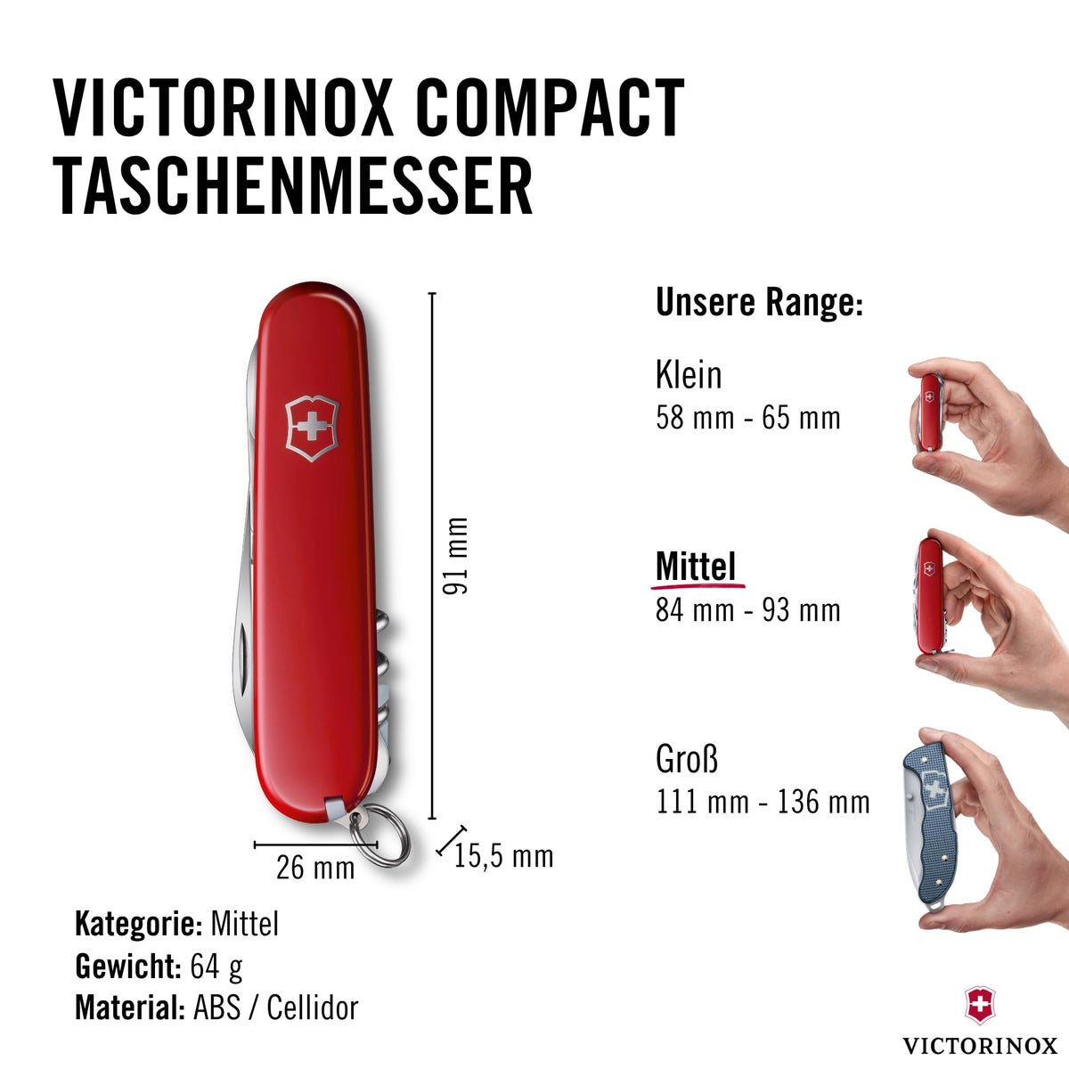 Victorinox Schweizer Taschenmesser Compact, 15 Funktionen, Swiss Made, Multitool Inkl. Klinge, Mini-Schraubendreher, Kapselheber, Rot
