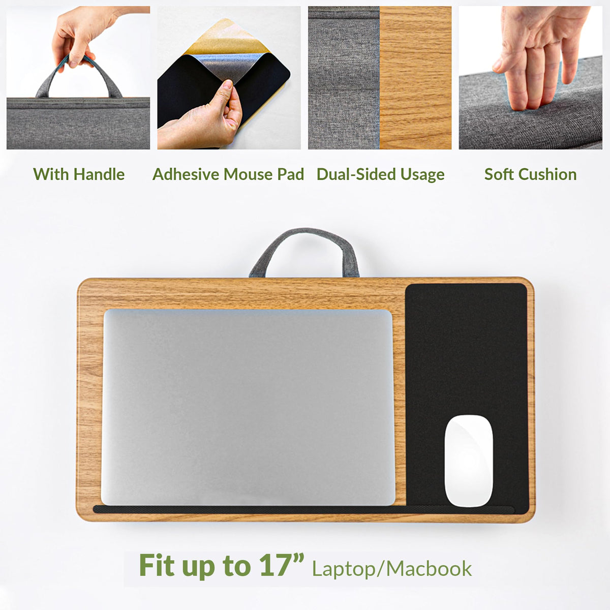 Laptopkissen Schoß, Homeoffice Kissentablett mit Kissen, Laptoptisch fürs Bett/Couch/Sofa, Laptopunterlage für max. 17 Zoll Notebook, Tablet, 30.5 x 57 x 4.5 cm, Größe L – Holzoptik