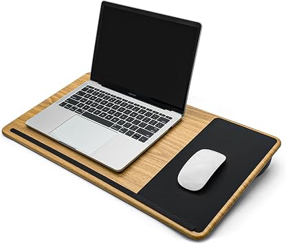 Laptopkissen Schoß, Homeoffice Kissentablett mit Kissen, Laptoptisch fürs Bett/Couch/Sofa, Laptopunterlage für max. 17 Zoll Notebook, Tablet, 30.5 x 57 x 4.5 cm, Größe L – Holzoptik