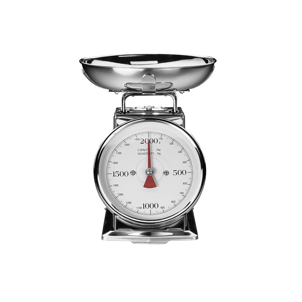 GASTROBACK Classic Edelstahl Waage 2 KG – Analog & Mechanisch, Ideal für Bäckereien, Küche, Gastronomie – Retro Design, Batterielose Backwaage mit Abnehmbarer Schüssel