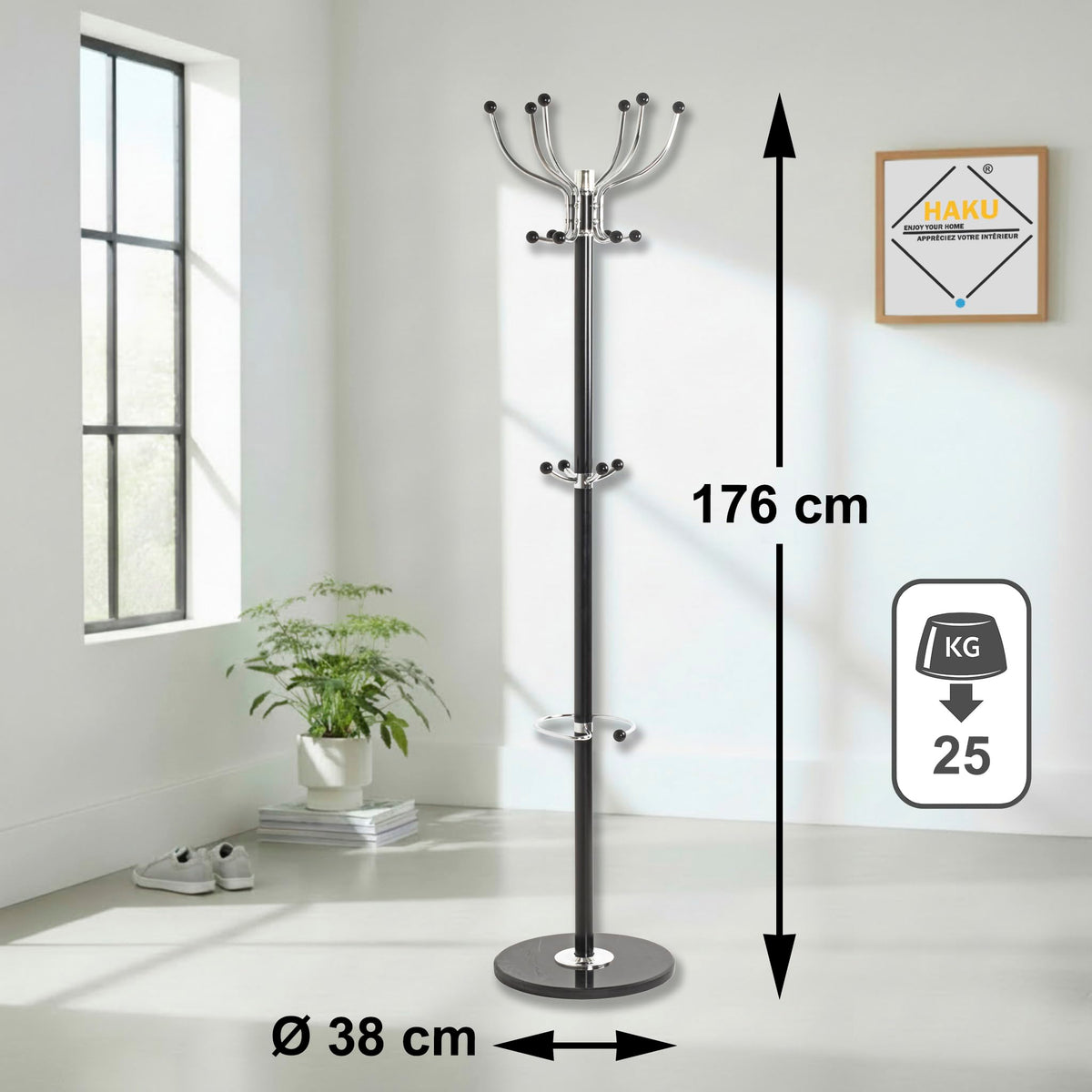 HAKU Garderobenständer, chrom, schwarz, Marmor, Metall Jackenständer - Maße: H 176 x Ø 38 cm, Style: Modern