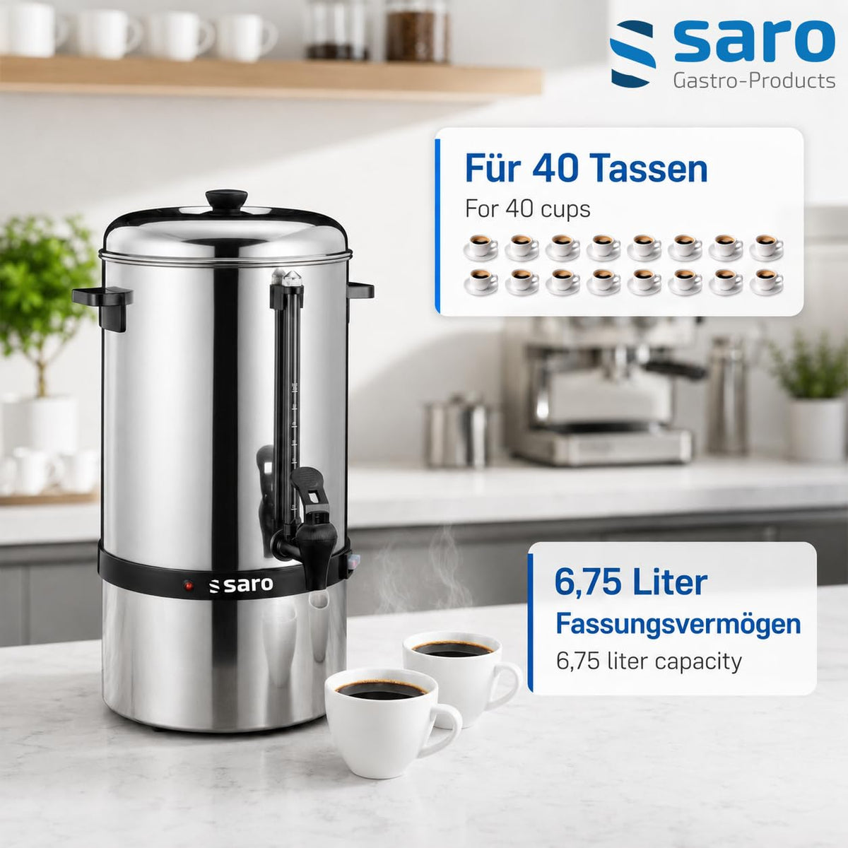 Saro Kaffeemaschine mit Rundfilter – 6,75 L / 40 Tassen – Edelstahl – Brüh- & Warmhaltefunktion – Sicherheitszapfhahn – Peilglas - 1,5 kW – Modell SAROMICA 6005