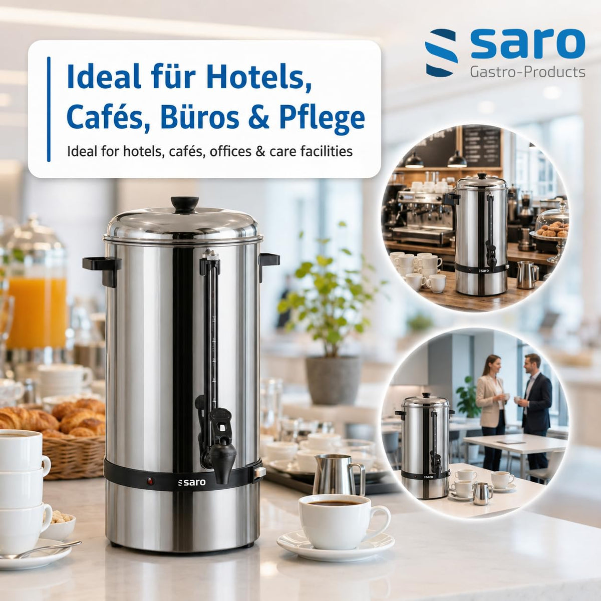 Saro Kaffeemaschine mit Rundfilter – 6,75 L / 40 Tassen – Edelstahl – Brüh- & Warmhaltefunktion – Sicherheitszapfhahn – Peilglas - 1,5 kW – Modell SAROMICA 6005