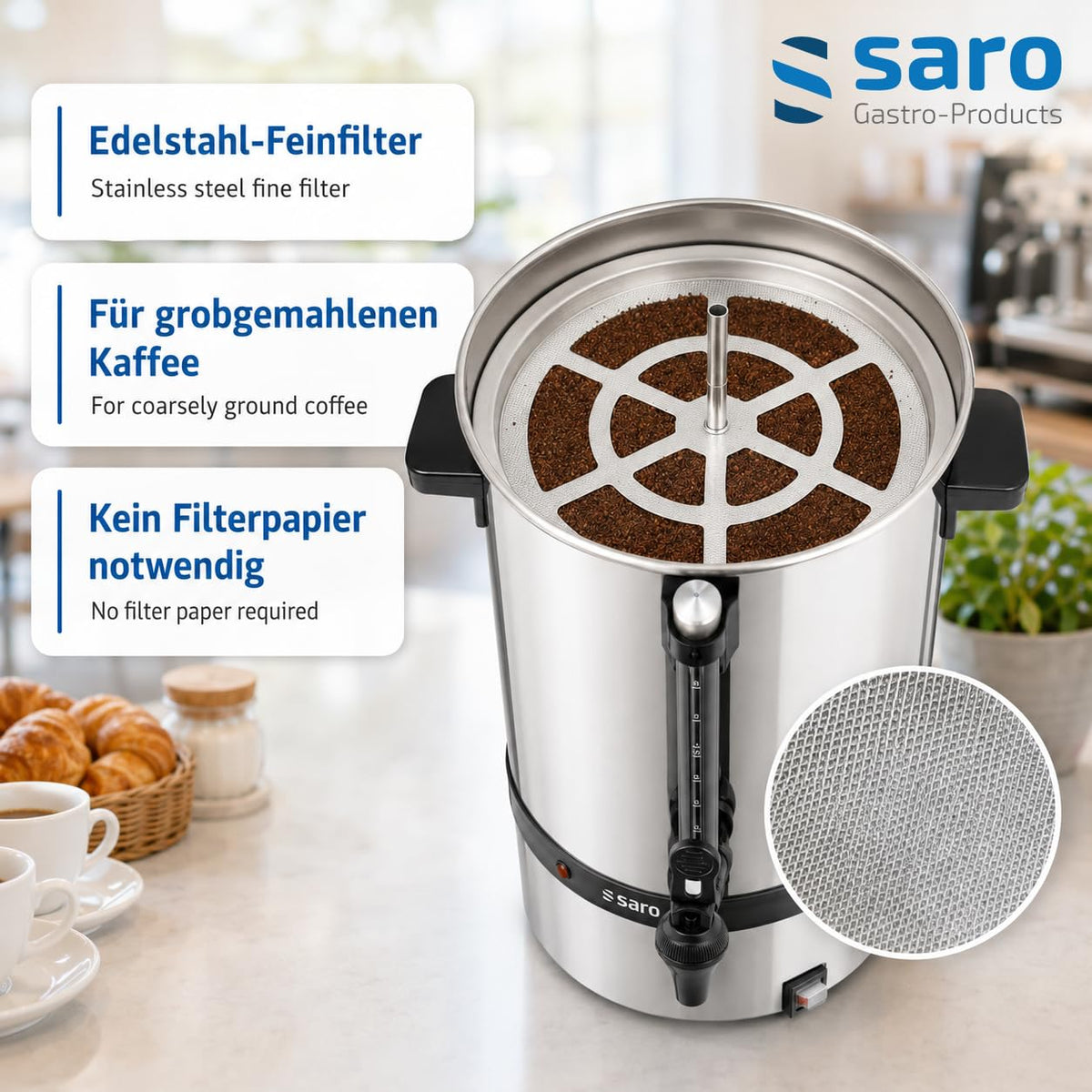 Saro Kaffeemaschine mit Rundfilter – 6,75 L / 40 Tassen – Edelstahl – Brüh- & Warmhaltefunktion – Sicherheitszapfhahn – Peilglas - 1,5 kW – Modell SAROMICA 6005