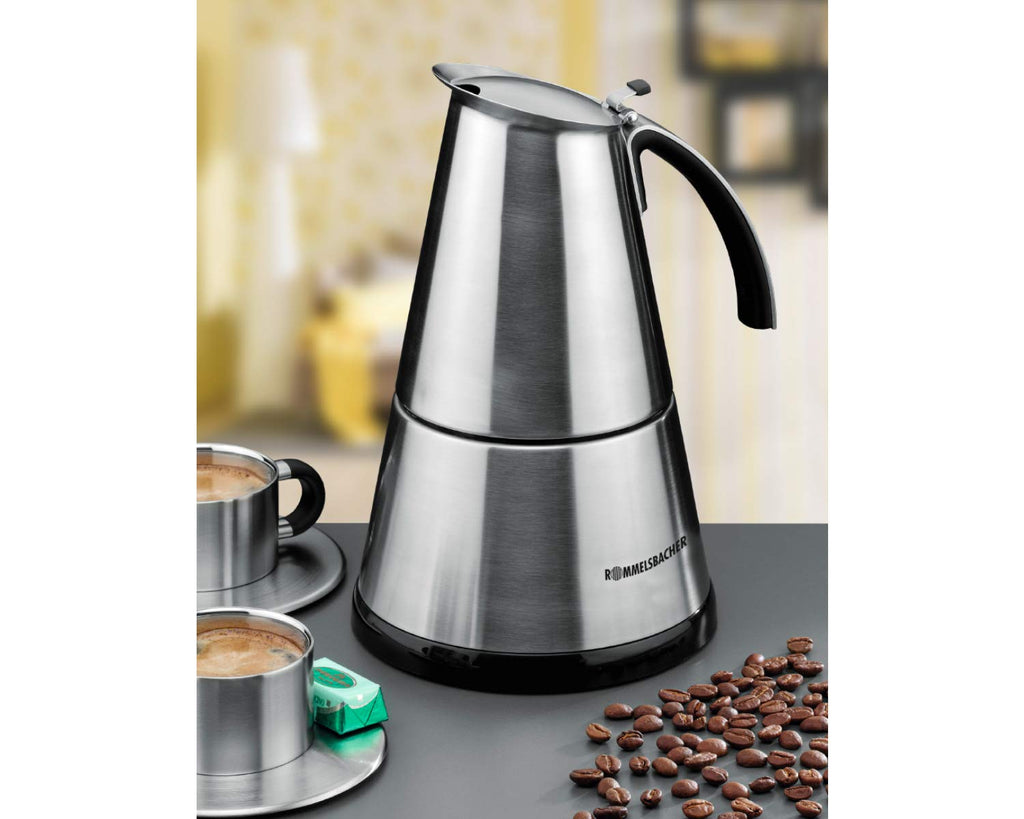 Rommelsbacher Espresso Kocher EKO 366/E, elektrisch, hochwertige Edelstahlkanne, Filtereinsatz für 3 oder 6 Tassen, verdecktes Heizelement, 360° Zentralsockel, automatische Abschaltung, 365 W