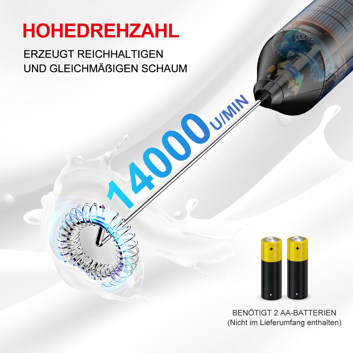 Bonsenkitchen Milchaufschäumer Elektrisch, Handheld Stab, Batteriebetrieben