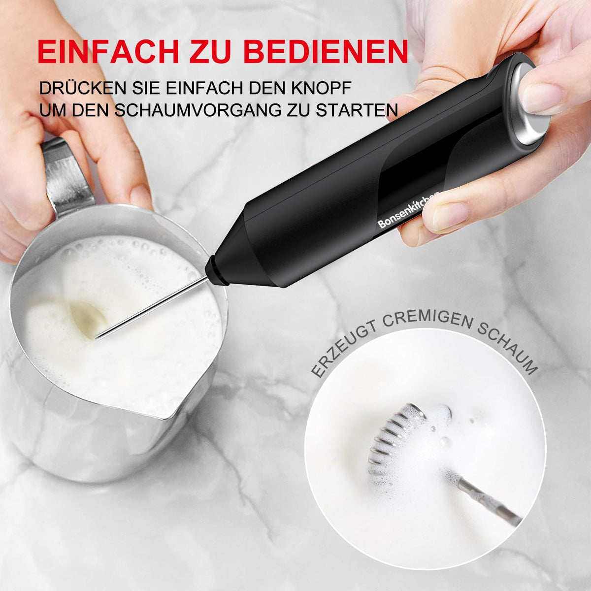 Bonsenkitchen Milchaufschäumer Elektrisch, Handheld Stab, Batteriebetrieben