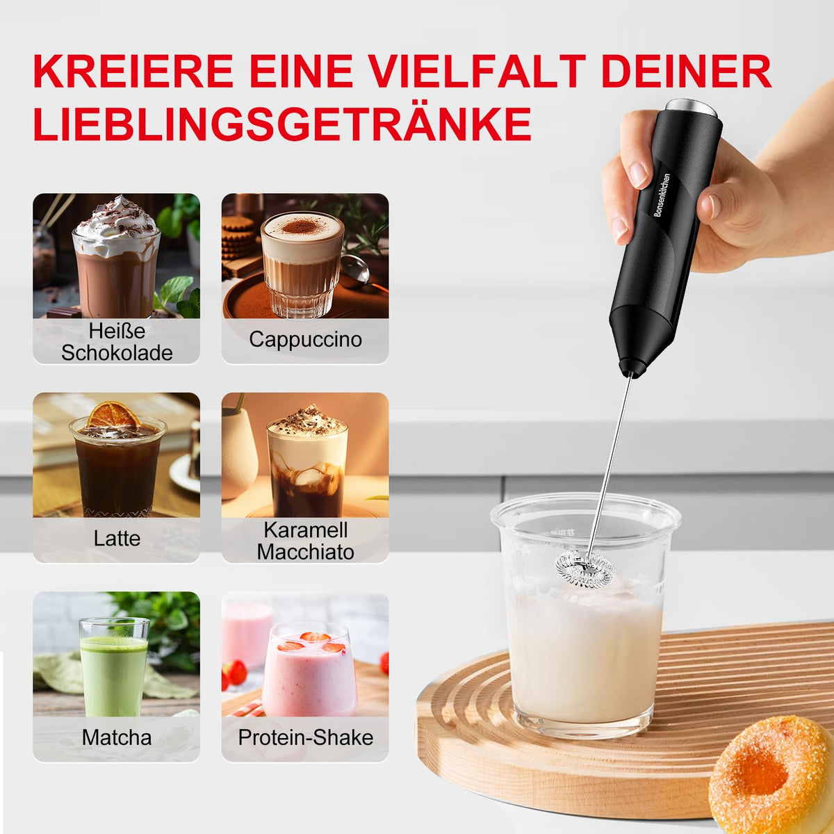 Bonsenkitchen Milchaufschäumer Elektrisch, Handheld Stab, Batteriebetrieben