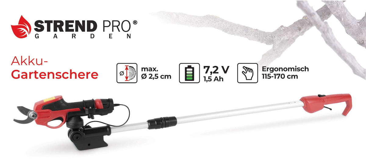 STREND PRO Akku Elektrische Astschere Teleskop | für einfach Garten und Baum Beschneiden | max. 22mm, 170cm Lang teleskopstiel Getriebe gartenschere | 1 x 7.2V Akku enthalten | Akkuschere, Baumschere