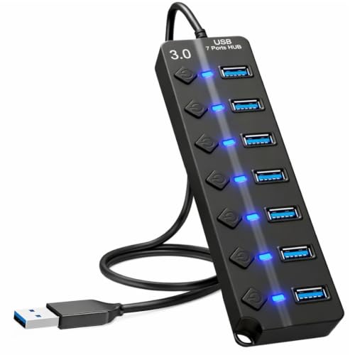7-Port USB Hub 3.0 – USB Verteiler Multiport Adapter mit EIN/AUS Schalter und LED Anzeigen – USB Hub Splitter fur PC, Laptop, MacBook, USB Stick, Externe Festplatten und mehr