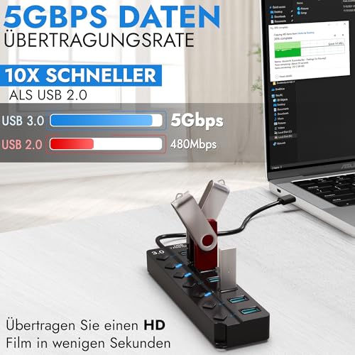 7-Port USB Hub 3.0 – USB Verteiler Multiport Adapter mit EIN/AUS Schalter und LED Anzeigen – USB Hub Splitter fur PC, Laptop, MacBook, USB Stick, Externe Festplatten und mehr