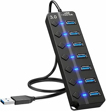 7-Port USB Hub 3.0 – USB Verteiler Multiport Adapter mit EIN/AUS Schalter und LED Anzeigen – USB Hub Splitter fur PC, Laptop, MacBook, USB Stick, Externe Festplatten und mehr