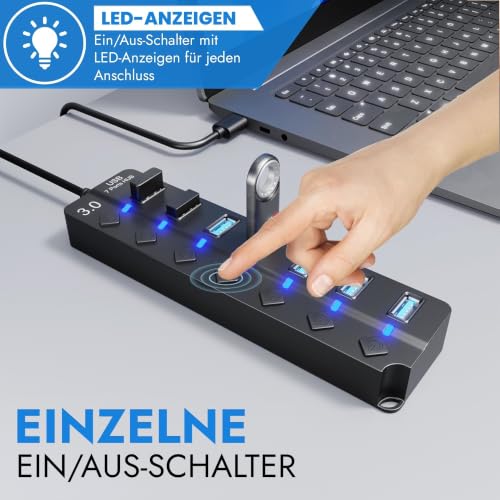 7-Port USB Hub 3.0 – USB Verteiler Multiport Adapter mit EIN/AUS Schalter und LED Anzeigen – USB Hub Splitter fur PC, Laptop, MacBook, USB Stick, Externe Festplatten und mehr